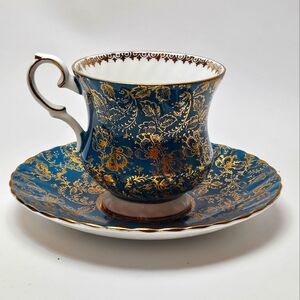 Vtg Elizabethan Fine Bone China Teal Turquoise And Gold Chintz Cup And Saucer
